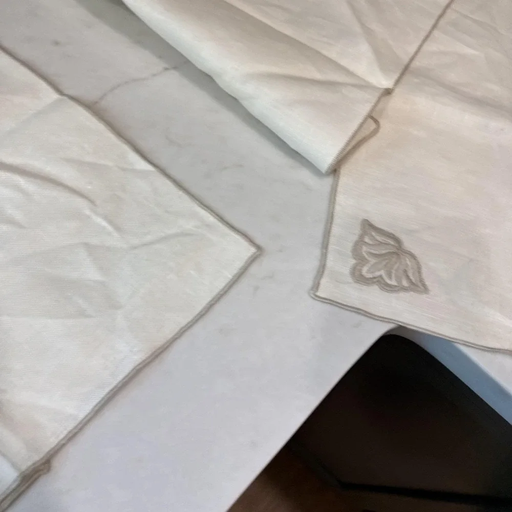 6 Vintage Linen Napkins Tone on Tone Embroidered Floral Tulip Farmhouse table